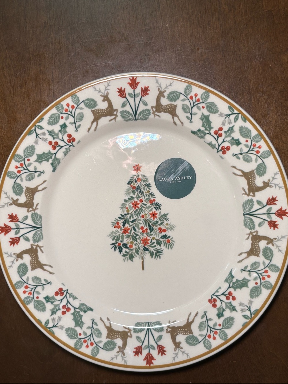 Laura Ashley White, Green and Red Holiday Tree Dinner Plate